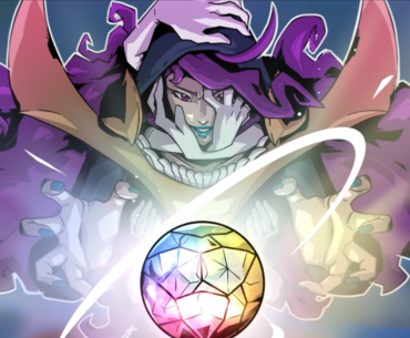 A wizardly figure with purple hair reaches for a rainbow-hued orb.