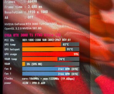 Was doing some testing on a EVGA 3080Ti FTW3 on a thermal solution. First picture will be before, settings with the power limit on Max, fans at 81%, +300mem, +100 on the core clock.