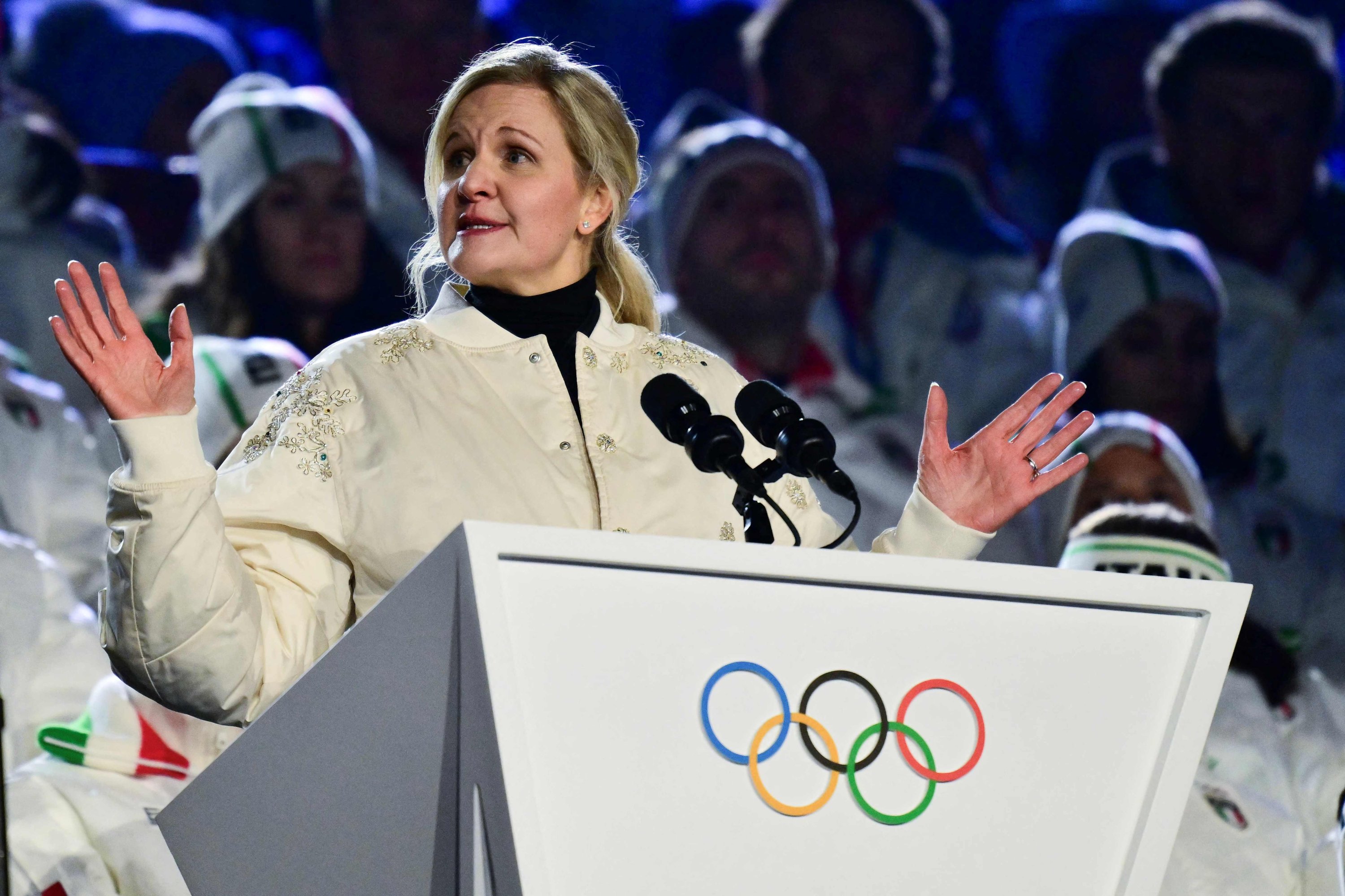 President of the International Olympic Committee (IOC) Kirsty Coventry delivers a speech during the closing ceremony of the Milano Cortina 2026 Winter Olympic Games, Milan, Italy, Feb. 22, 2026. (AFP Photo)