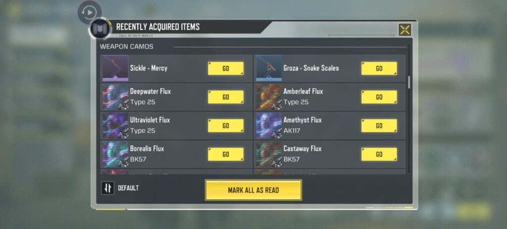 Those wondering where did the Sickle from the MP Ranked reward went, it is mistakenly categorized as Weapon Camo instead of Weapon Blueprint, and you cannot access it from this menu anyway, because there is no such thing as Epic Camo