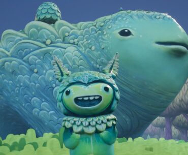 OddFauna - A leafy grean character smiles while standing in a meadow in front of a giant whale-like land creature