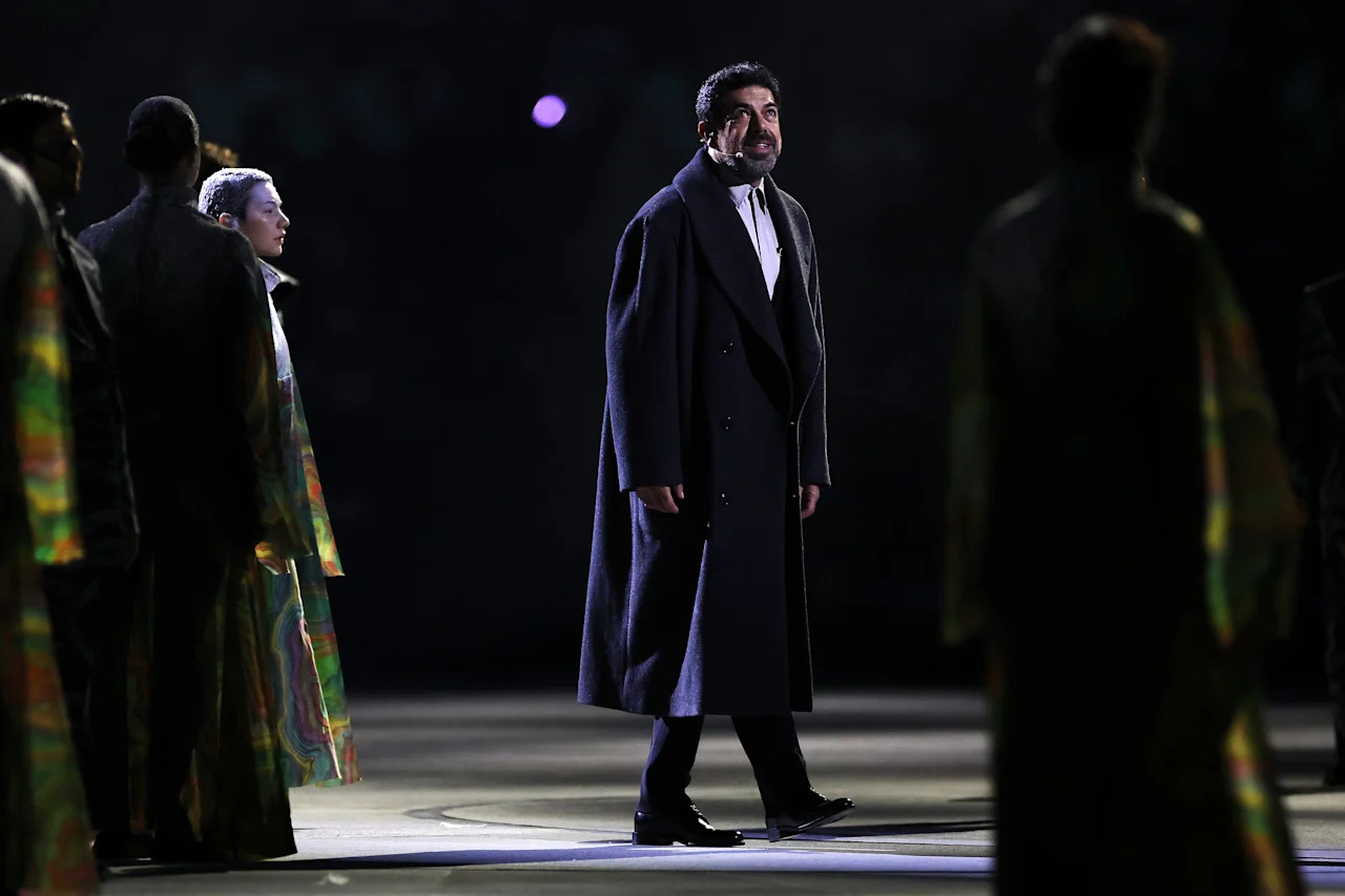 MILAN, ITALY - FEBRUARY 06: Pierfrancesco Favino performs verses of “L’Infinito” during the opening ceremony of the Milano Cortina 2026 Winter Olympics at San Siro Stadium on February 06, 2026 in Milan, Italy. (Photo by Sarah Stier/Getty Images)