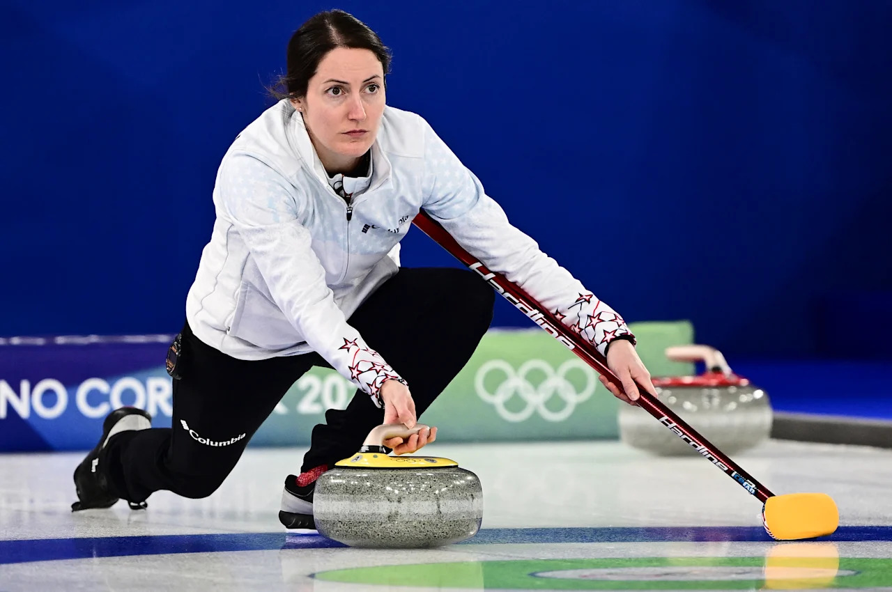 USA's Tabitha Peterson delivers the stone during the curling women's round robin bronze medal game between Canada and USA during the Milano Cortina 2026 Winter Olympic Games at the Cortina Curling Olympic Stadium in Cortina d'Ampezzo on February 21, 2026. (Photo by Marco BERTORELLO / AFP via Getty Images)