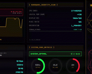 Some cyberpunk system monitors and command centers I made for myself to run in my web browser. All the data being measured and displayed is actually real, accurate, and updates in real time. Instantly boots up and has zero lag