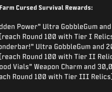 It appears that Treyarch have changed the requirement for the Cursed Survival rewards from 100 rounds at each tier to 25 on tier 1, 50 on tier 2, and 75 on tier 3.