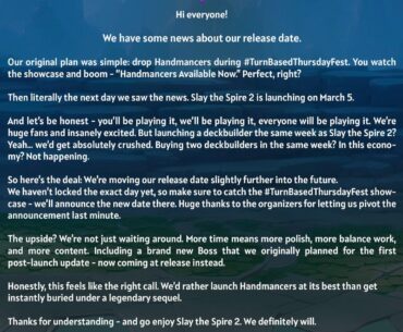 Slay the Spire 2 release date announcement forces Handmancers devs to delay their release