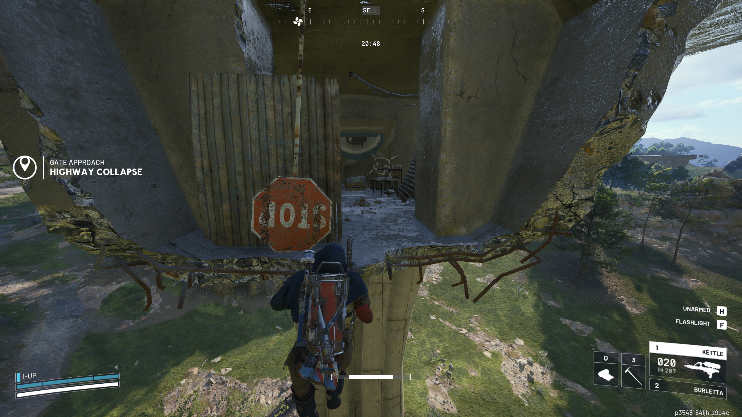 Arc Raiders Keeping an Eye Out: A player climbing into a destroyed highway with a hidden room.