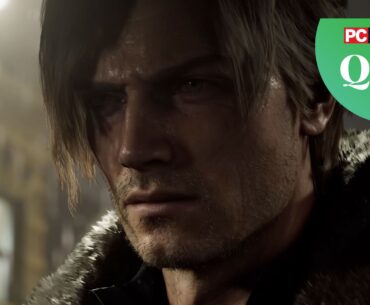 Leon Kennedy close up from Resident Evil Requiem (PC Gamer quiz logo in the top right)