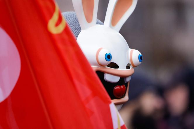 During a protest outside the headquarters of the French video game giant in Saint-Mandé (Paris region), on February 10, 2026.