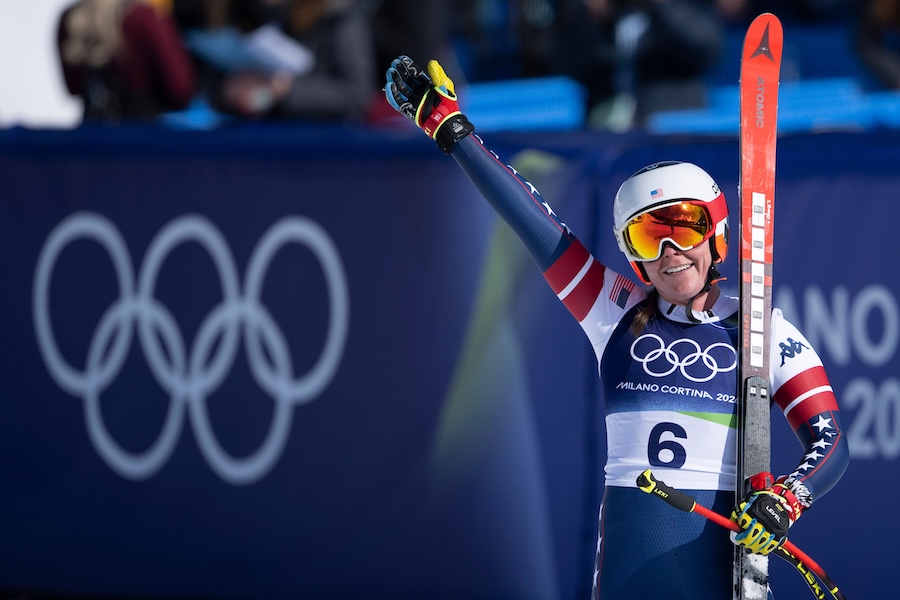 Breezy Johnson of the United States reacts in the finish area of the alpine ski women's downhill race, at the 2026 Winter Olympics, in Cortina d'Ampezzo, Italy, Sunday, Feb. 8, 2026. 