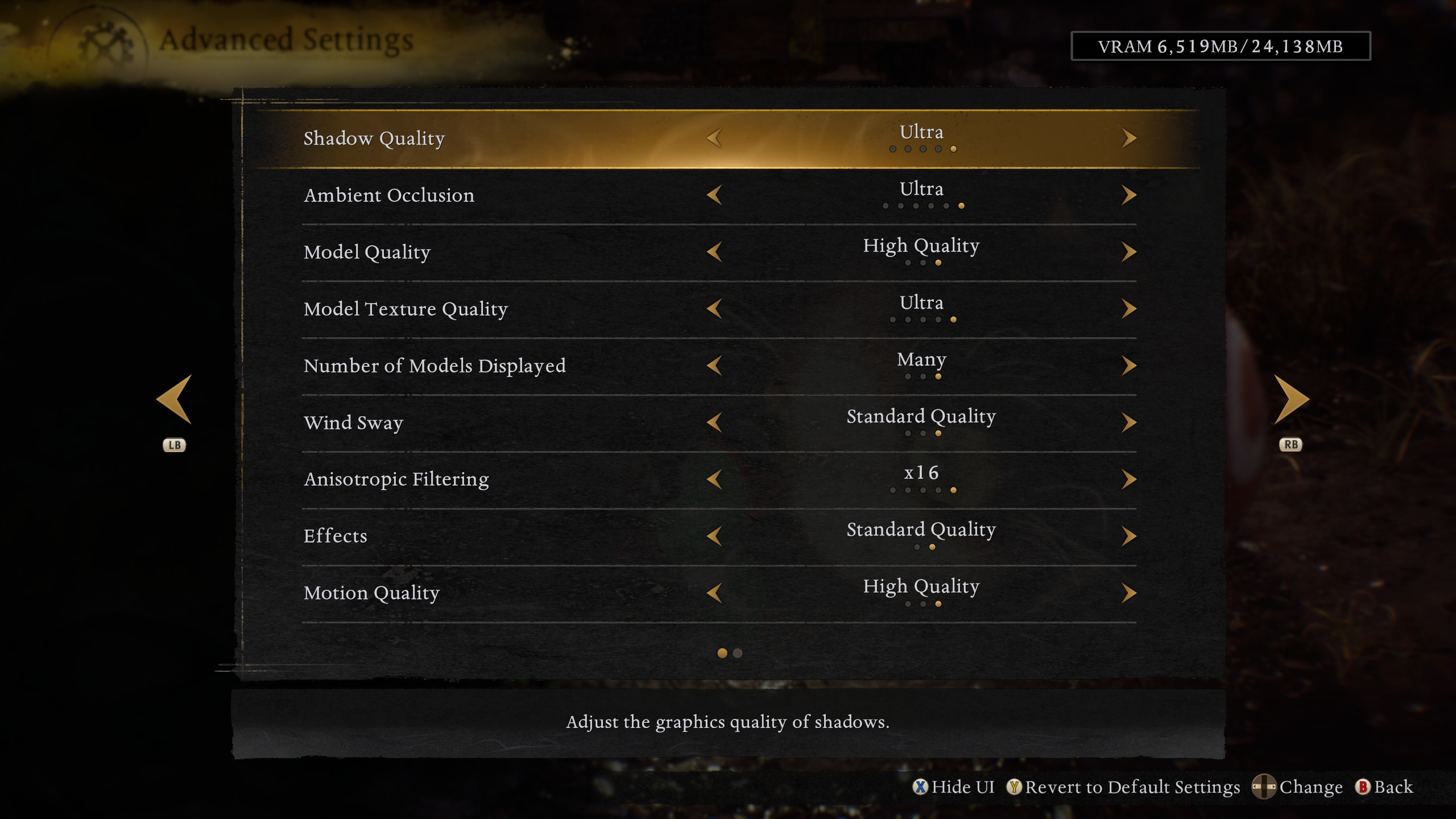 The advanced settings menu of a game showing various graphics options including 'Shadow Quality' set to 'Ultra' and