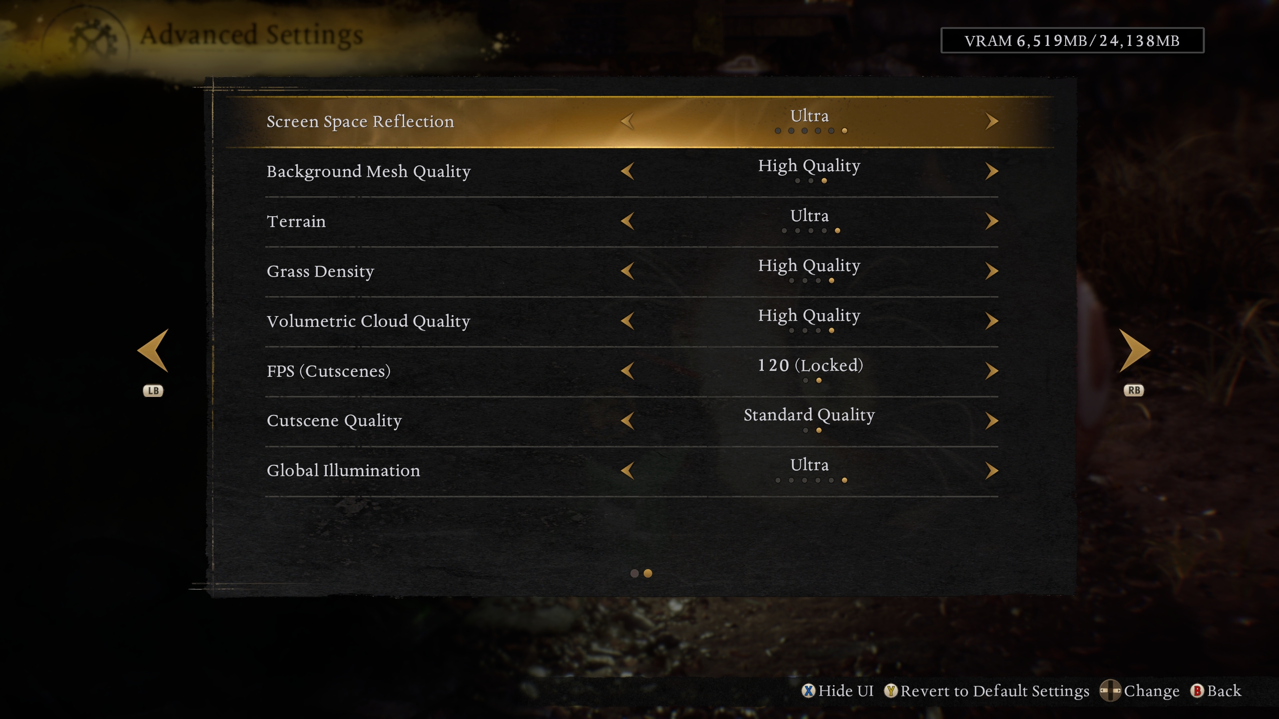 An in-game settings menu for 'Advanced Settings' shows various options like 'Screen Space Reflection,' 'Background Mesh