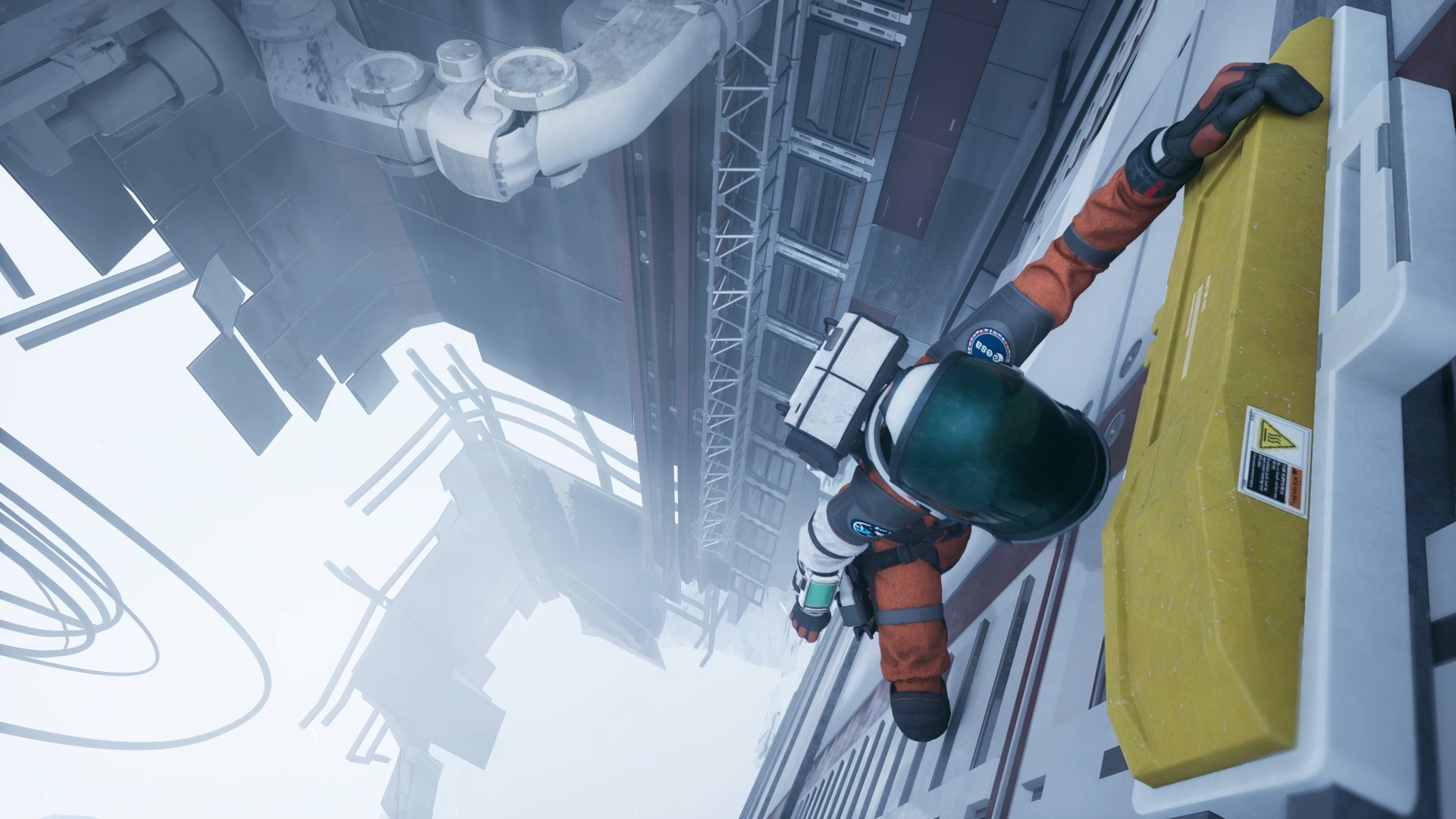 A character in an orange spacesuit is climbing the exterior of a futuristic structure.