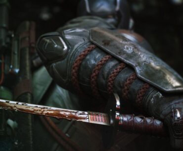 A close-up of a character holding a katana with a partial digital display on the blade and the text 'Atomic Arcade' in the