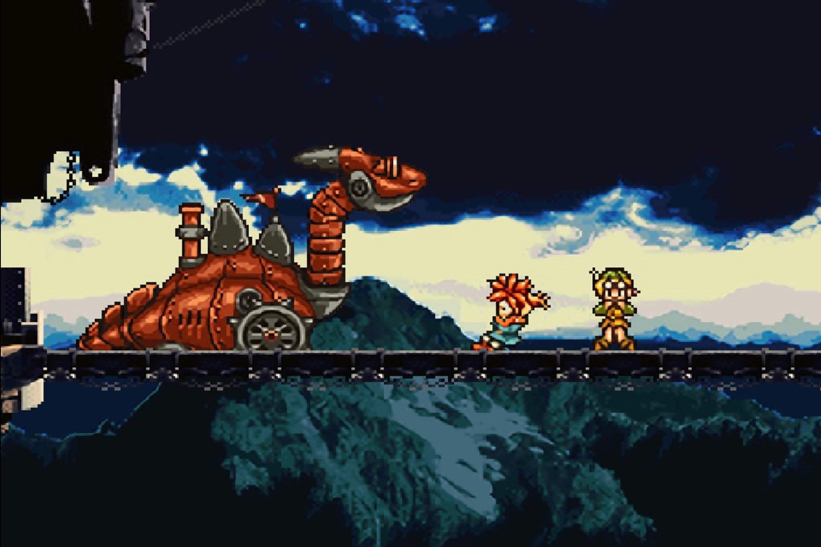 Gameplay from Chrono Trigger, with Crono and Lucca about to battle the Dragon Tank boss