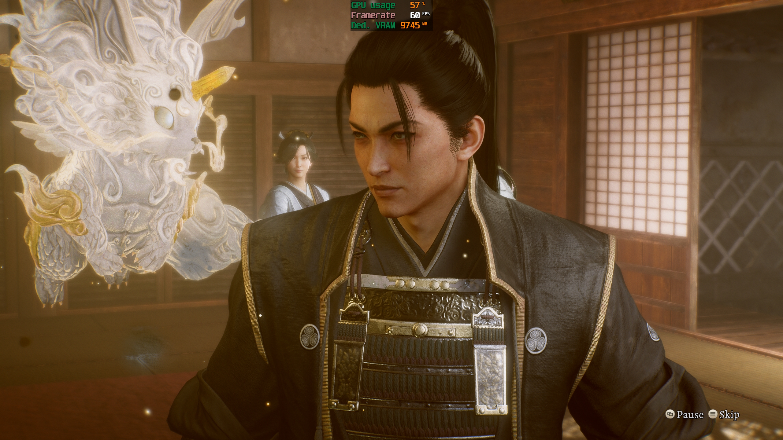 A character in traditional samurai attire stands next to a mystical creature in the video game, with on-screen text showing