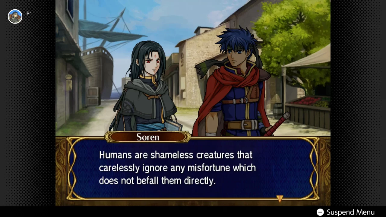 Screenshot of Fire Emblem: Path of Radiance of a conversation between Soren and Ike