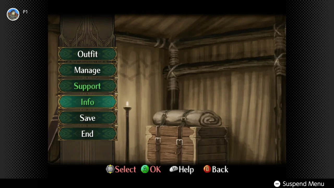Screenshot of Fire Emblem: Path of Radiance showing the Base menu screen