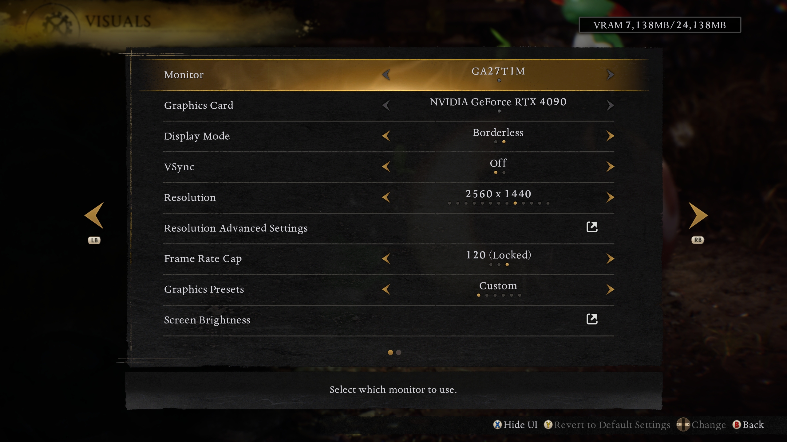 A game settings menu shows the monitor model 'GA27T1M' and 'NVIDIA GeForce RTX 4090' with a resolution of '2560 x 1440' and