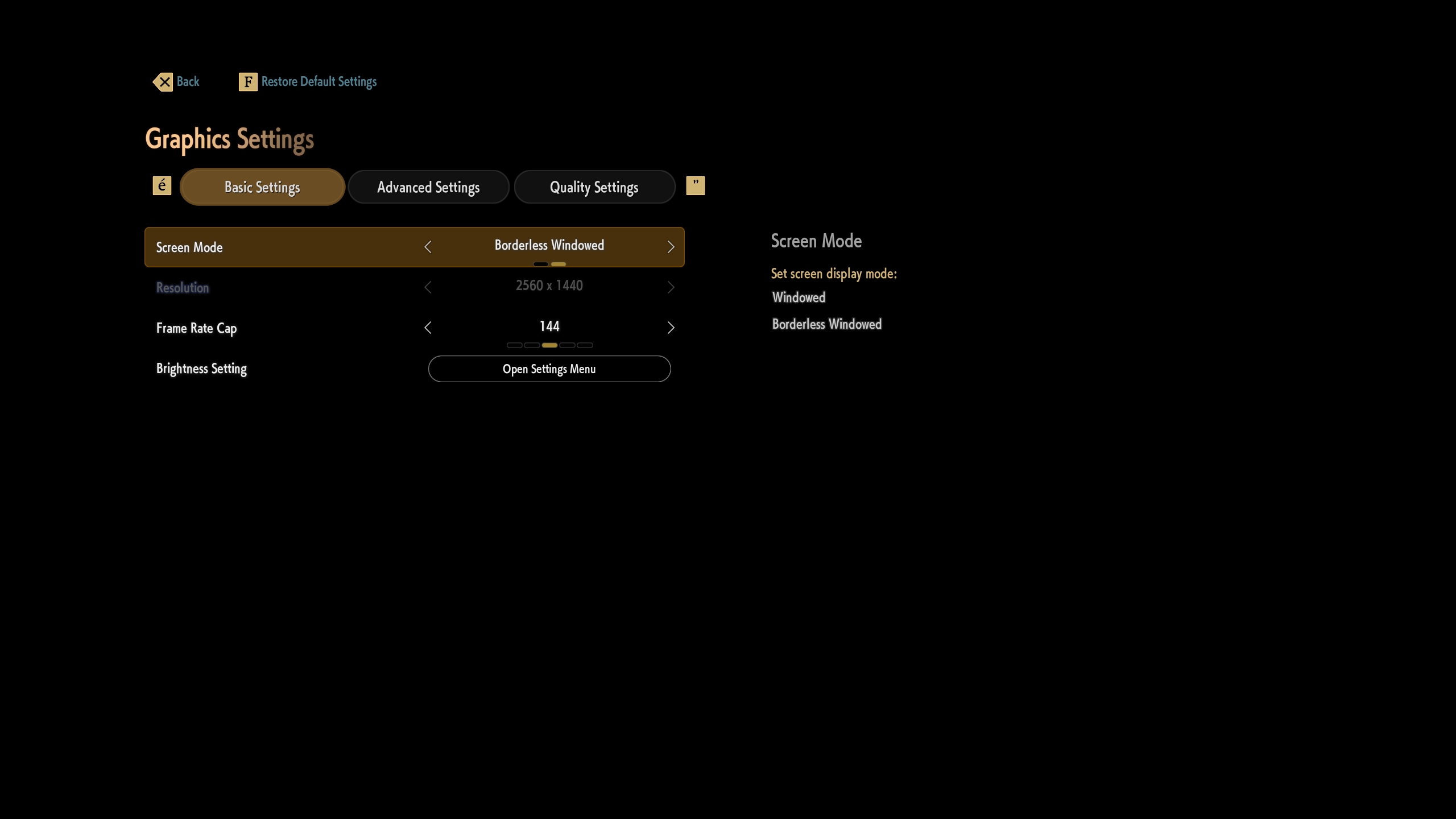 The graphics settings menu displays 'Borderless Windowed' screen mode, '2560 x 1440' resolution, and a frame rate cap of