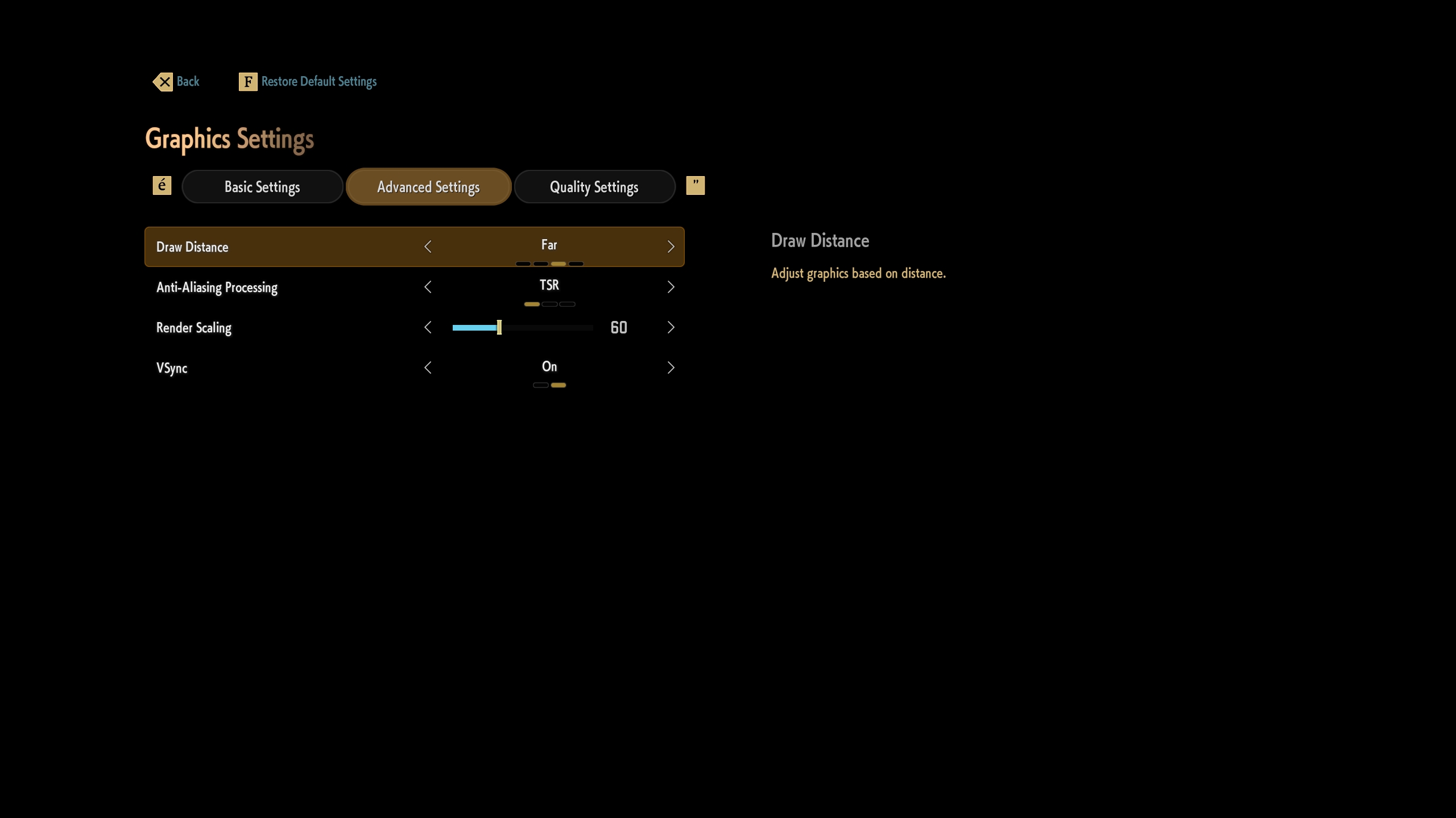 Gaming graphics settings menu showing options for 'Draw Distance: Far,' 'Anti-Aliasing Processing: TSR,' 'Render Scaling: