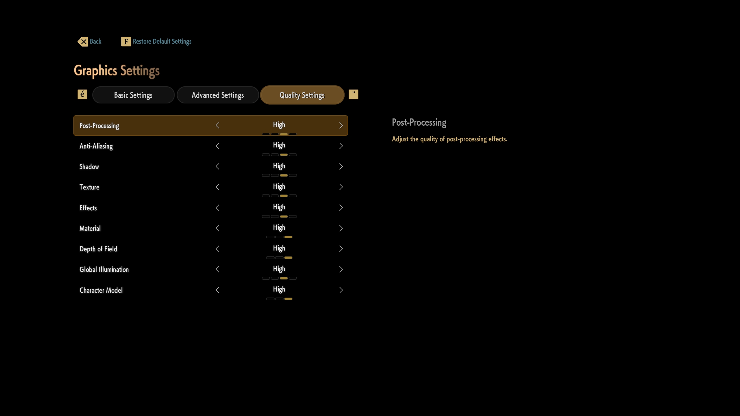A graphics settings menu displays various options set to 'High' for post-processing, anti-aliasing, shadow, texture,