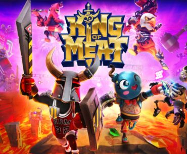 Two cartoon characters wielding weapons run through a fiery arena in a game titled 'King of Meat,' surrounded by skeleton
