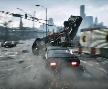 A car chase scene from the game Samson: A Tyndalston Story shows a dark sports car causing a van to flip over on a city street, with sparks