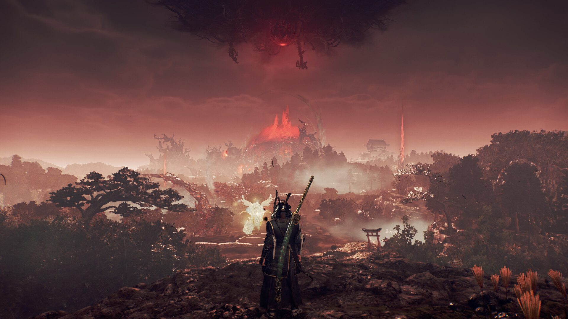 A character in samurai armor stands overlooking a fiery landscape with a massive dark cloud in the sky and a glowing orb in