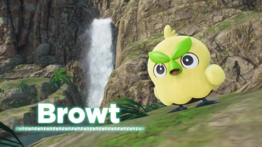 A green baby bird with angry eyebrows named Browt. 
