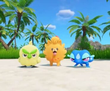 Three cartoon Pokemon stand on a beach.