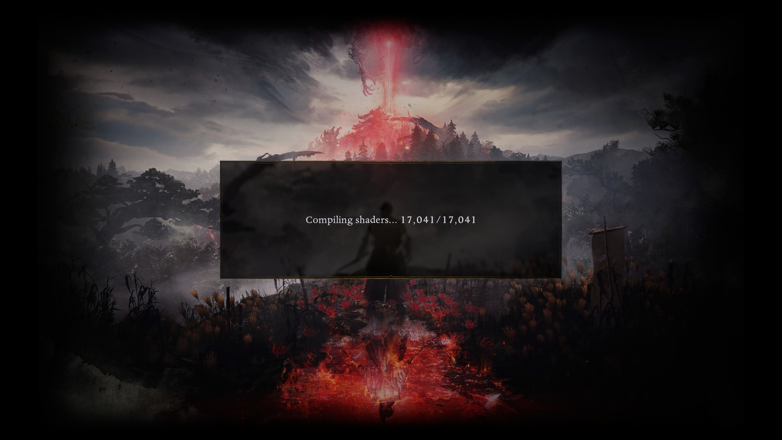 The image shows a scene from the game 'Lies of P' with a character standing in a fiery landscape, overlaid by a progress