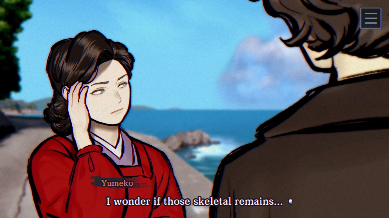 Paranormasight The Mermaids Curse Screenshot of a woman in red pondering skeletal remains