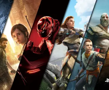 A collage of characters from various PlayStation games, including The Last of Us, Gran Turismo, Horizon Zero Dawn, and God