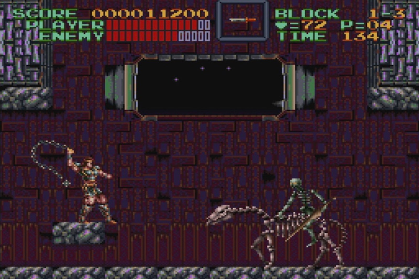 Gameplay from Super Castlevania IV, with Simon Belmont prepping his whip to strike down Rowdain the skeleton rider