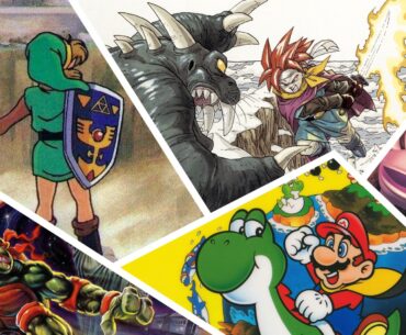 A collage of games from the Super Nintendo Entertainment System, featuring (clockwise from top: Chrono Trigger, Donkey Kong Country, Super Mario World, Teenage Mutant Ninja Turtles IV: Turtles in Time, & The Legend of Zelda: A Link to the Past