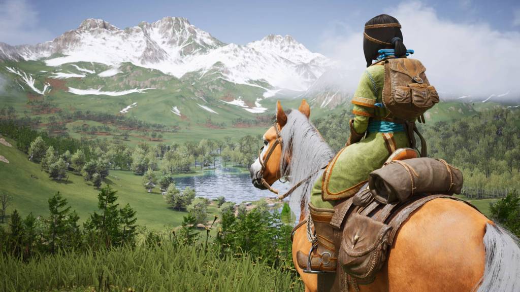 The player sat on their horse overlooking the landscapes beyond in The Legend of Khiimori.