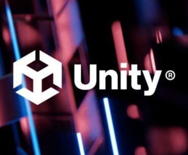 The Unity logo is displayed against a vibrant, abstract background with pink and blue hues.