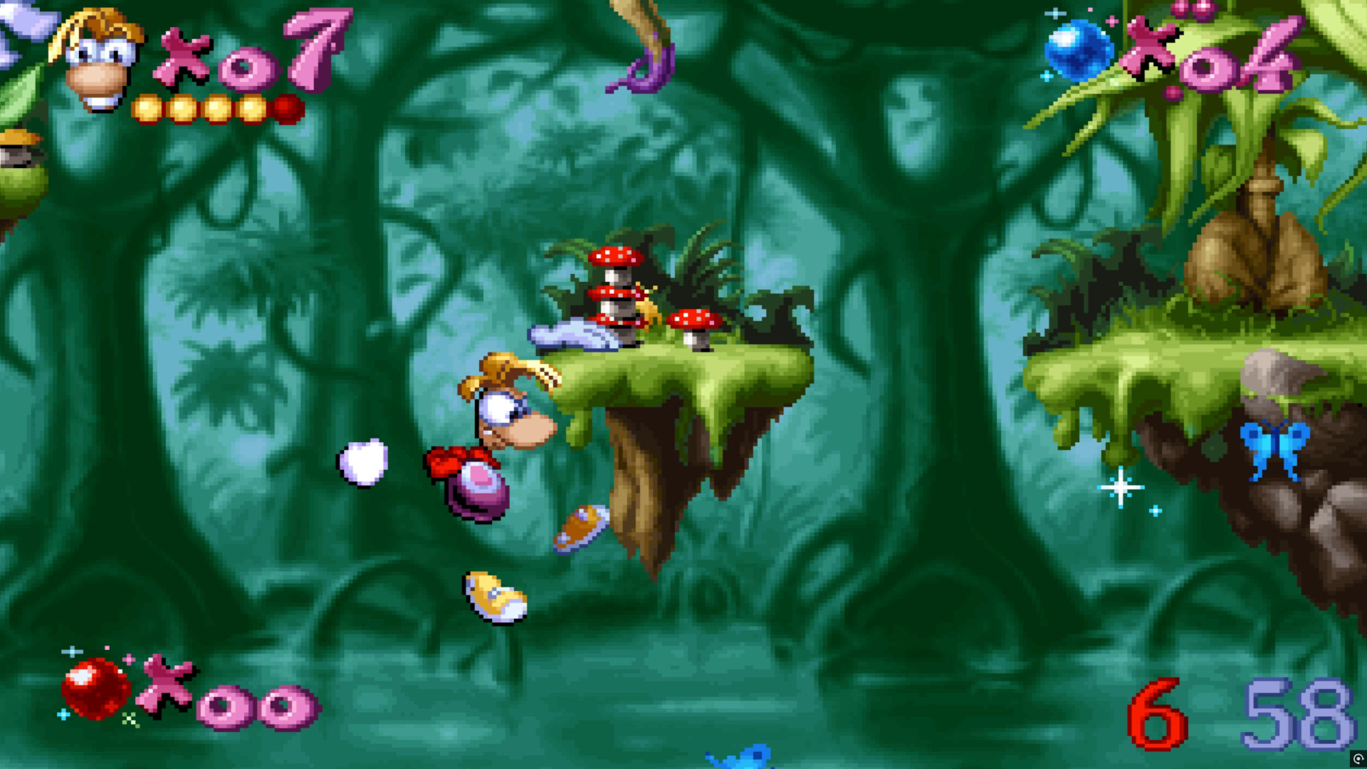 Rayman charges a punch while hanging from a ledge in the Dream Forest in Rayman 30th Anniversary Edition's Rayman Designer level pack