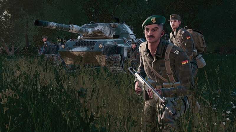 WARNO Screenshot of a couple of soldiers with a tank nearby, hiding in bushes