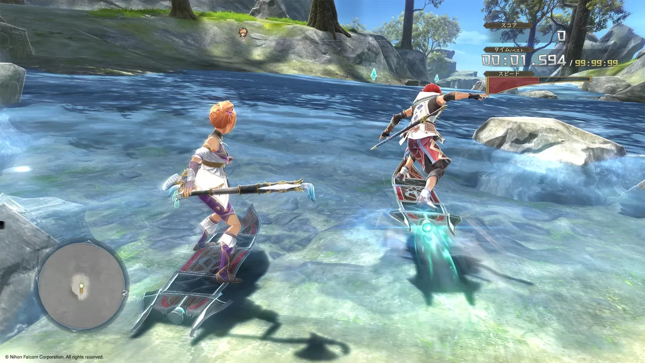 Ys X: Proud Nordics Screenshot of Adol and Karja surfing over the water