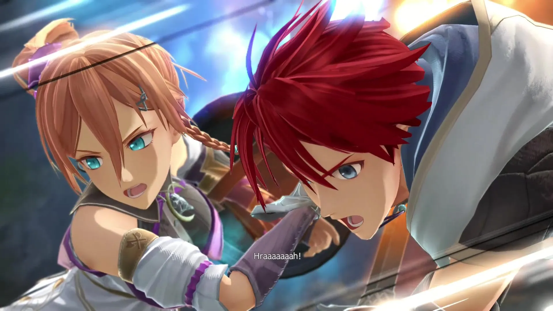 Ys X: Proud Nordics Screenshot of Adol and Karja leaping into battle