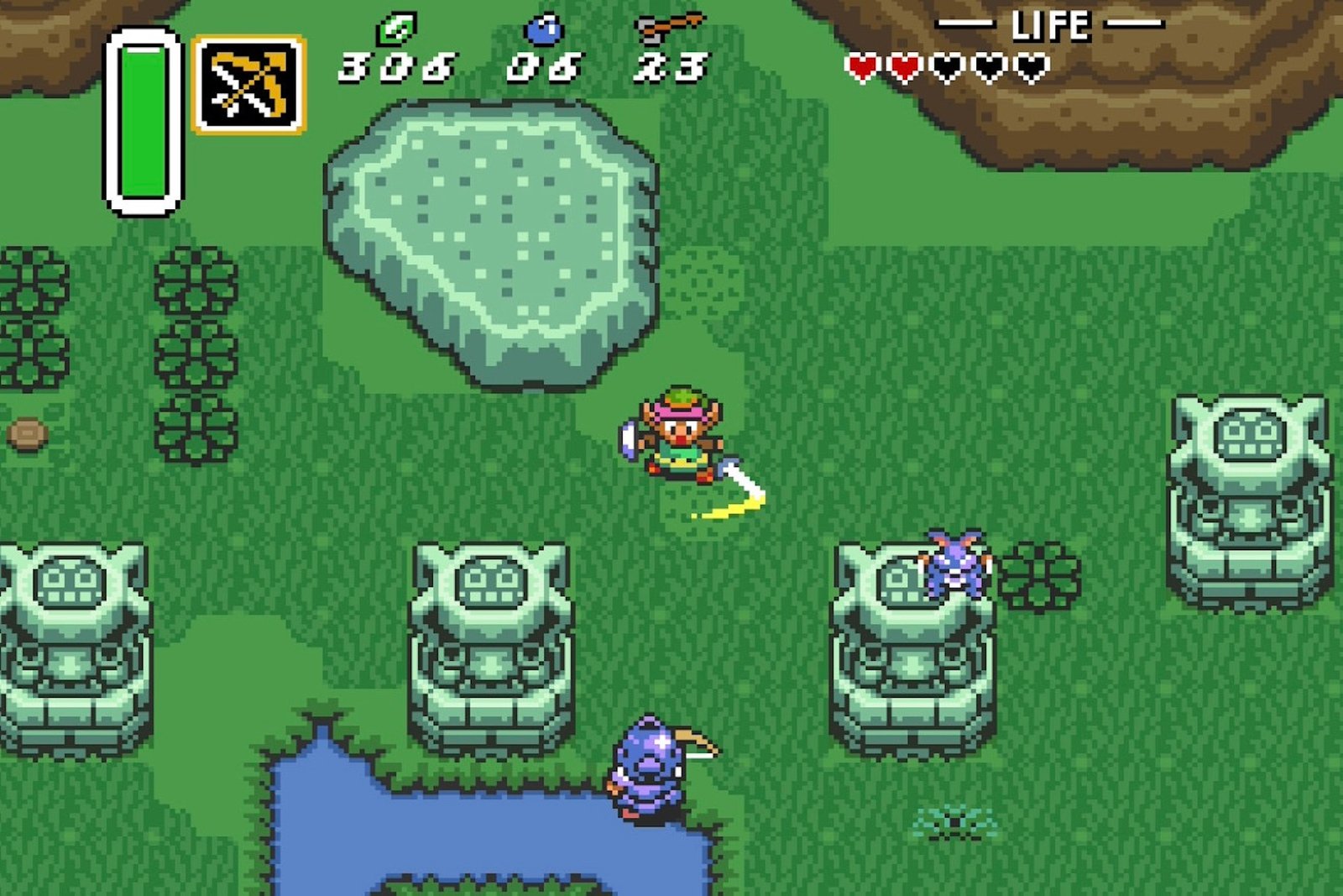 Gameplay from The Legend of Zelda: A Link to the Past, where Link is swiping at his sword at nothing in particular for the purposes of this screenshot