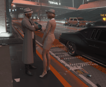 Is this classic noir couple near the spaceport in Killing Moon a reference to something?
