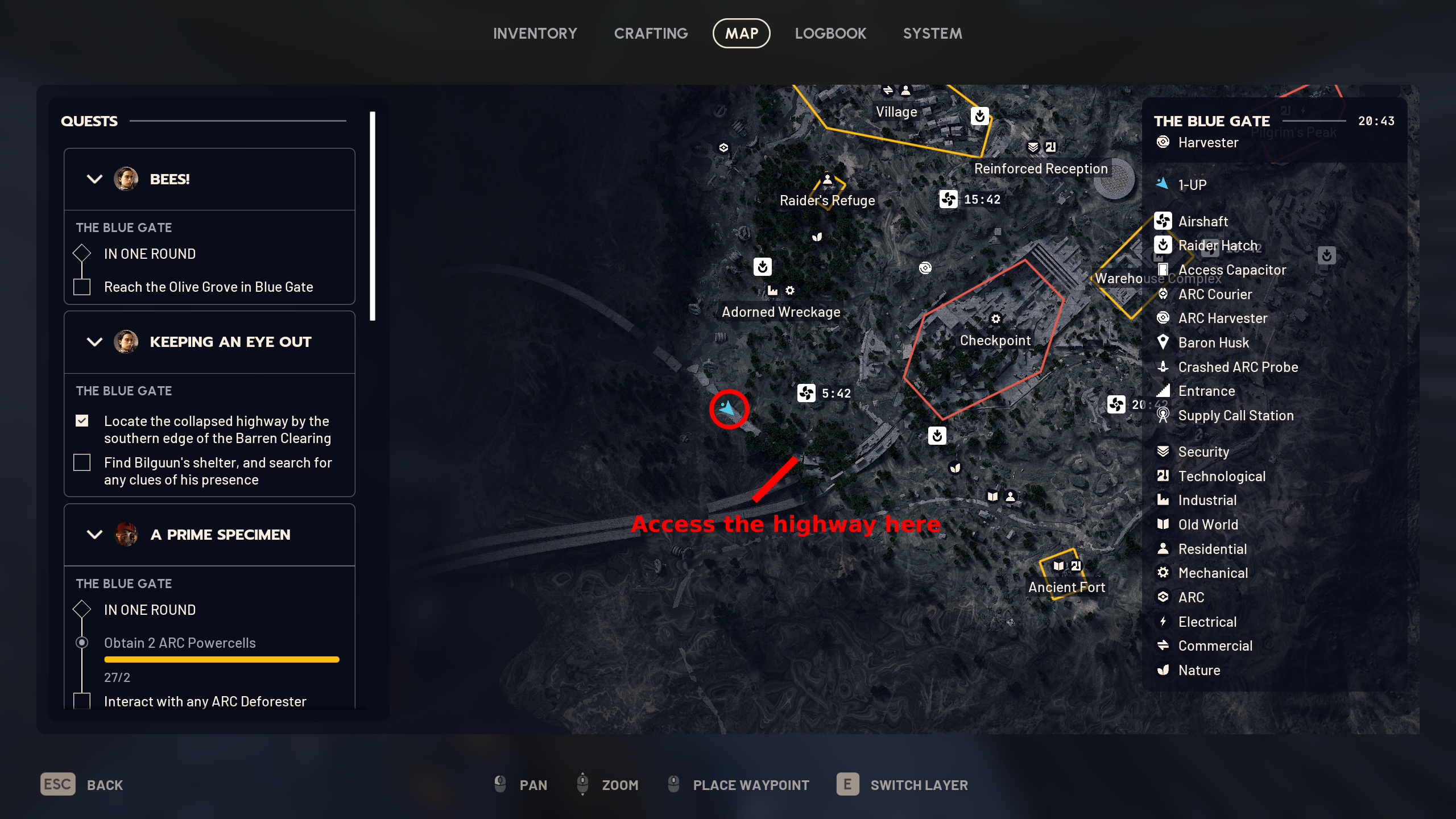 Arc Raiders Keeping an Eye Out: A map with a red circle and arrow pointing to locations near the Highway Collapse in the south of Blue Gate. The text reads 