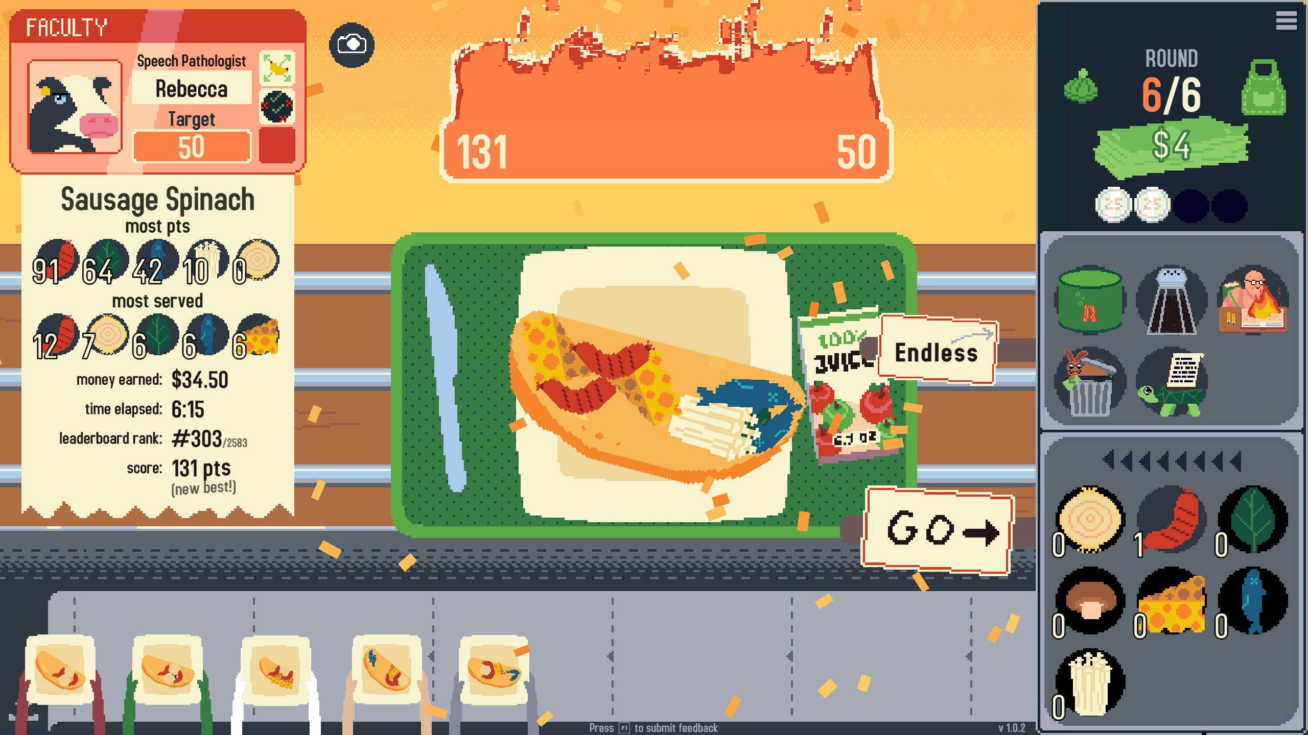 A player assembling an omelette for a cow, earning massive amounts of points.
