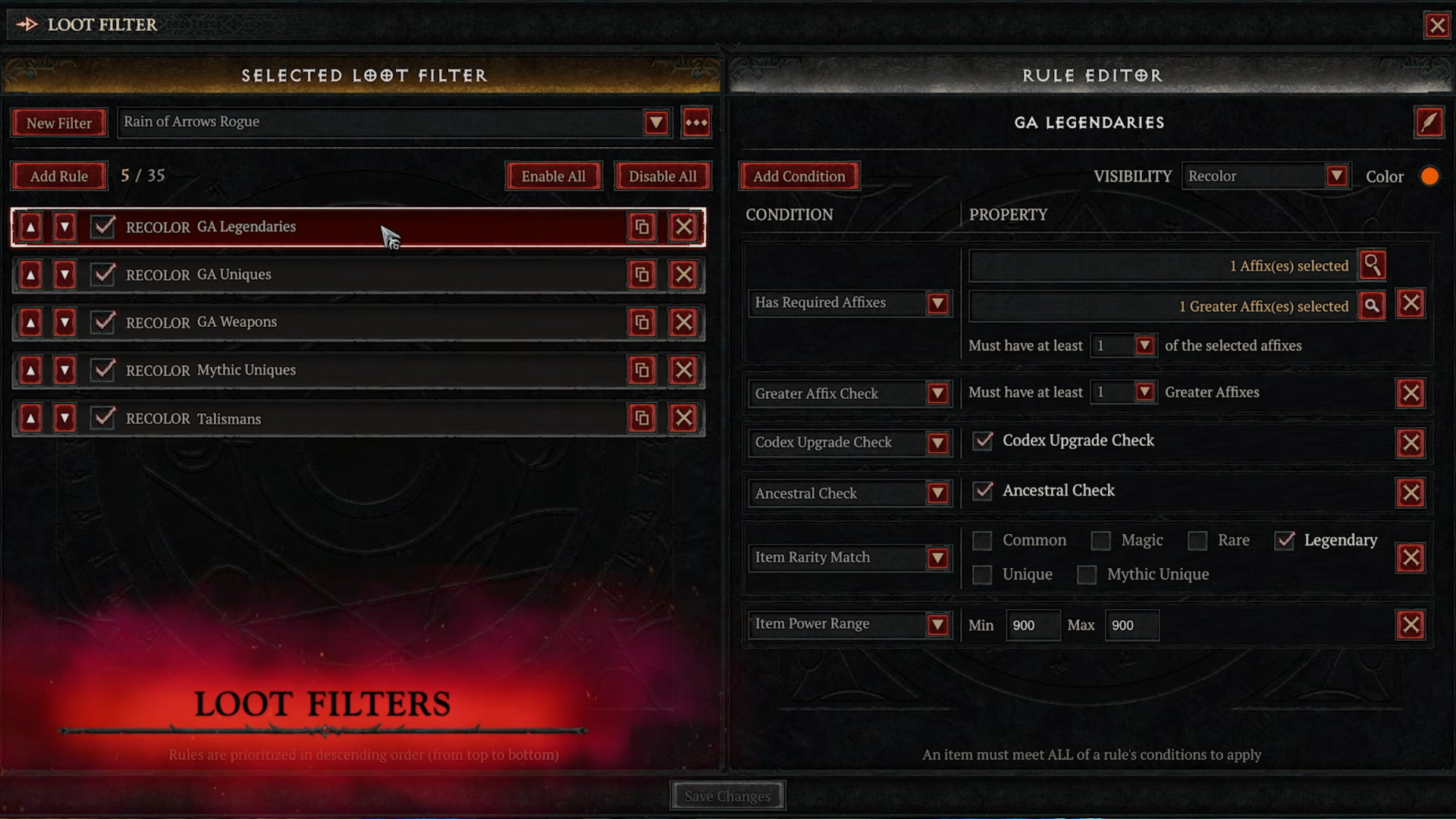 Diablo 4 Lord of Hatred - The new loot filter system.