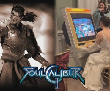 Bride and groom compete against each other in Soul Calibur 2 during their wedding celebration