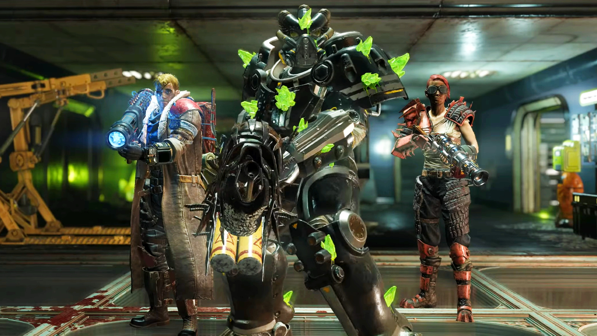 Fallout 76 loadouts - Three players wearing various different types of gear in the Bethesda RPG.