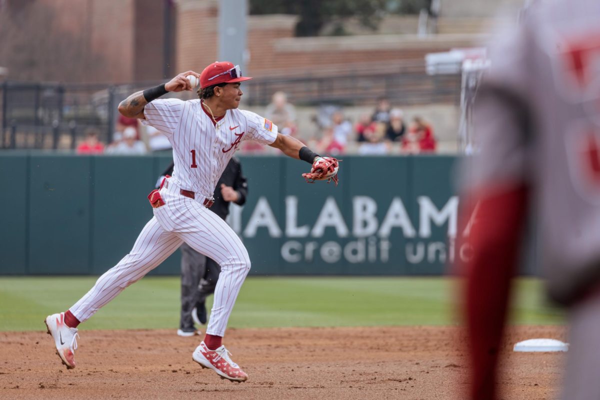 Alabama infielder Justin Lebron (#1) plays against Washington State on Feb. 14, 2026. 